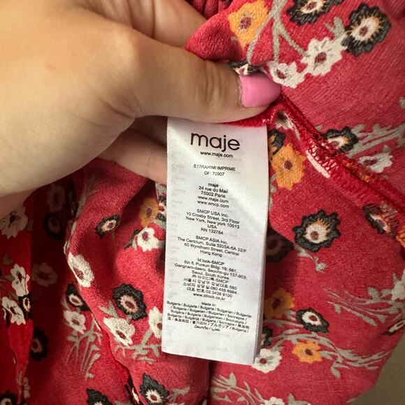Maje Rahimi Floral Short Sleeve Ruffle Wrap Mini Dress Red Size 1 - Picture 6 of 9
